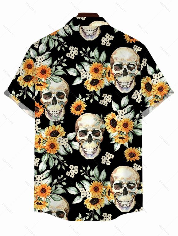 Vintage Gothic Couple Outfit Skulls Sunflower Leaf Print Ruched Bust Mini Dress and Shirt Set - Noir S | US 4