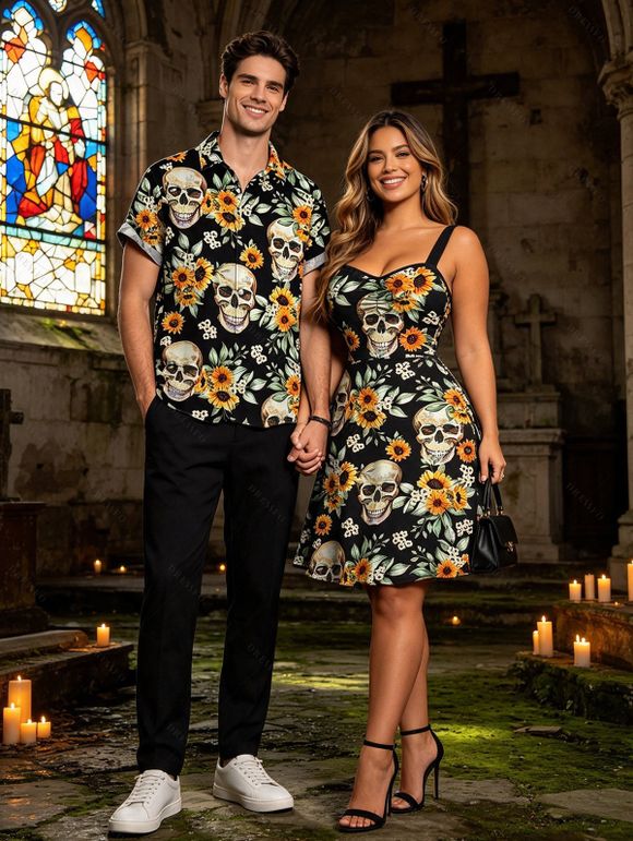 Vintage Gothic Couple Outfit Skulls Sunflower Leaf Print Ruched Bust Mini Dress and Shirt Set - Noir S | US 4