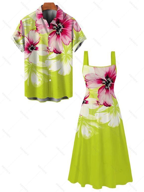 Vacation Couple Outfit Watercolor Flower Print Tied Back Square Neck Pocket A Line Dress and Shirt Set - Vert Jaune S | US 4