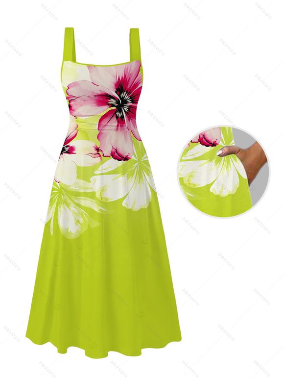 Vacation Couple Outfit Watercolor Flower Print Tied Back Square Neck Pocket A Line Dress and Shirt Set - Vert Jaune S | US 4