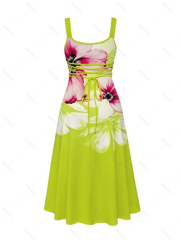 Vacation Couple Outfit Watercolor Flower Print Tied Back Square Neck Pocket A Line Dress and Shirt Set - Vert Jaune S | US 4