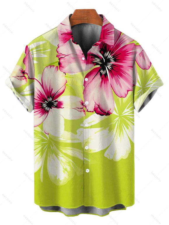 Vacation Couple Outfit Watercolor Flower Print Tied Back Square Neck Pocket A Line Dress and Shirt Set - Vert Jaune S | US 4