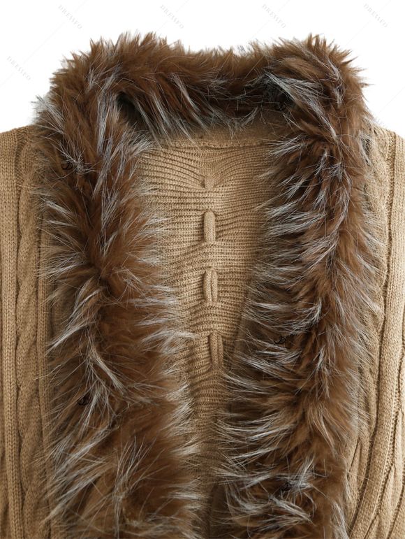 Vintage Sweater Coat Cable Knit Faux Fur Open Front Cinched Back Long Sleeve Coat - café ONE SIZE