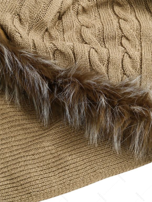 Vintage Sweater Coat Cable Knit Faux Fur Open Front Cinched Back Long Sleeve Coat - café ONE SIZE