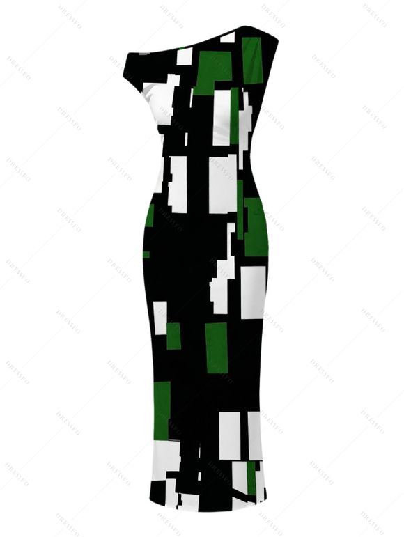 Vintage Couple Outfit Colorblock Geometric Print Skew Neck Mermaid Bodycon Maxi Dress and Shirt Set - Bleu S | US 4