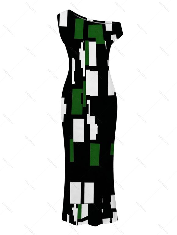 Vintage Couple Outfit Colorblock Geometric Print Skew Neck Mermaid Bodycon Maxi Dress and Shirt Set - Bleu S | US 4