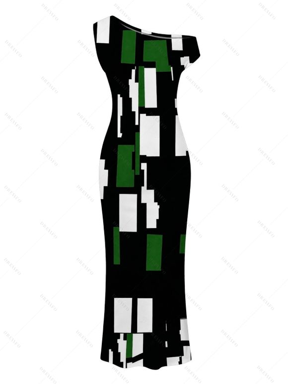 Vintage Dress Colorblock Geometric Print Skew Neck Mermaid Bodycon Maxi Dress - Vert S | US 4