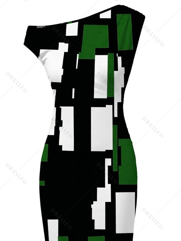 Vintage Dress Colorblock Geometric Print Skew Neck Mermaid Bodycon Maxi Dress - Vert S | US 4