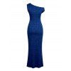 Elegant Dress Geometric Textured Solid Color Ruched Skew Neck Bodycon Maxi Dress - Bleu profond XXL | US 14