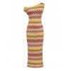 Ethnic Knitted Dress Colorblock Zig Zag Print Textured Skew Neck Mermaid Bodycon Dress - multicolor M | US 6