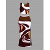 Vacation Women Outfit Fluid Art Print Tank Top High Slit Bodycon Skirt Two Piece Set - Brun XXL | US 14