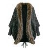 Vintage Sweater Coat Cable Knit Faux Fur Open Front Cinched Back Long Sleeve Coat - Vert profond ONE SIZE