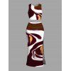 Vacation Couple Outfit Fluid Art Print Tank Top High Slit Bodycon Skirt Women Set and Shirt - Brun S | US 4