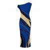 Vacation Couple Outfit Golden Abstract Line Print Skew Neck Bodycon Maxi Dress ad Shirt Set - Bleu S | US 4