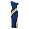 Vacation Couple Outfit Golden Abstract Line Print Skew Neck Bodycon Maxi Dress ad Shirt Set - Bleu S | US 4