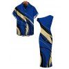 Vacation Couple Outfit Golden Abstract Line Print Skew Neck Bodycon Maxi Dress ad Shirt Set - Bleu S | US 4