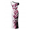 Vacation Vintage Dress Contract Color Tropical Plant Print Skew Neck Bodycon Maxi Dress - Noir XXL | US 14