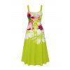 Vacation Dress Watercolor Flower Print Tied Back Square Neck Pocket A Line Dress - Vert Jaune XXL | US 14