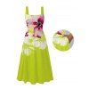 Vacation Dress Watercolor Flower Print Tied Back Square Neck Pocket A Line Dress - Vert Jaune XXL | US 14