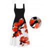 Vacation Dress Contrast Color Watercolor Floral Print Square Neck Tied Back Pocket A Line Dress - Noir XXL | US 14