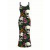 Gothic Dress Skulls Sunflower Roser Floral Print Spaghetti Strap Bodycon Dress - Noir XXL | US 14