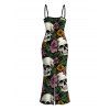 Gothic Dress Skulls Sunflower Roser Floral Print Spaghetti Strap Bodycon Dress - Noir XXL | US 14