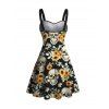 Vintage Gothic Dress Skulls Sunflower Leaf Print Ruched Bust Mini Vacation Dress - Noir L | US 8-10