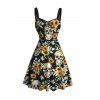 Vintage Gothic Dress Skulls Sunflower Leaf Print Ruched Bust Mini Vacation Dress - Noir L | US 8-10