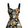 Vintage Gothic Dress Skulls Sunflower Leaf Print Ruched Bust Mini Vacation Dress - Noir L | US 8-10