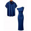 Casual Couple Outfit Geometric Textured Solid Color Ruched Skew Neck Bodycon Maxi Dress and Shirt Set - Bleu profond S | US 4