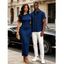Casual Couple Outfit Geometric Textured Solid Color Ruched Skew Neck Bodycon Maxi Dress and Shirt Set - Bleu profond S | US 4