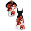 Vacation Couple Outfit Contrast Color Watercolor Floral Print Square Neck Tied Back Pocket A Line Dress and Shirt Set - Noir S | US 4
