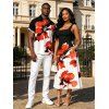 Vacation Couple Outfit Contrast Color Watercolor Floral Print Square Neck Tied Back Pocket A Line Dress and Shirt Set - Noir S | US 4