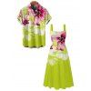 Vacation Couple Outfit Watercolor Flower Print Tied Back Square Neck Pocket A Line Dress and Shirt Set - Vert Jaune S | US 4