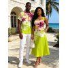 Vacation Couple Outfit Watercolor Flower Print Tied Back Square Neck Pocket A Line Dress and Shirt Set - Vert Jaune S | US 4