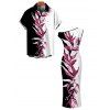 Vacation Vintage Couple Outfit Contract Color Tropical Plant Print Skew Neck Bodycon Maxi Dress and Shirt Set - Noir S | US 4