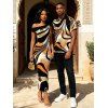 Vintage Couple Outfit Colorblock Abstract Ray Wave Stripe Print Skew Neck Mermaid Bodycon Maxi Dress and Shirt Set - Noir S | US 4