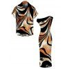 Vintage Couple Outfit Colorblock Abstract Ray Wave Stripe Print Skew Neck Mermaid Bodycon Maxi Dress and Shirt Set - Noir S | US 4