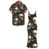Gothic Couple Outfit Skulls Sunflower Roser Floral Print Spaghetti Strap Bodycon Dress and Shirt Set - Noir S | US 4