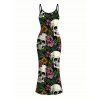 Gothic Couple Outfit Skulls Sunflower Roser Floral Print Spaghetti Strap Bodycon Dress and Shirt Set - Noir S | US 4