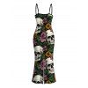 Gothic Couple Outfit Skulls Sunflower Roser Floral Print Spaghetti Strap Bodycon Dress and Shirt Set - Noir S | US 4