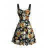 Vintage Gothic Couple Outfit Skulls Sunflower Leaf Print Ruched Bust Mini Dress and Shirt Set - Noir S | US 4