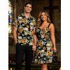Vintage Gothic Couple Outfit Skulls Sunflower Leaf Print Ruched Bust Mini Dress and Shirt Set - Noir S | US 4