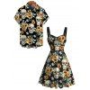 Vintage Gothic Couple Outfit Skulls Sunflower Leaf Print Ruched Bust Mini Dress and Shirt Set - Noir S | US 4