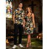 Vintage Gothic Couple Outfit Skulls Sunflower Leaf Print Ruched Bust Mini Dress and Shirt Set - Noir S | US 4