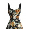 Vintage Gothic Couple Outfit Skulls Sunflower Leaf Print Ruched Bust Mini Dress and Shirt Set - Noir S | US 4