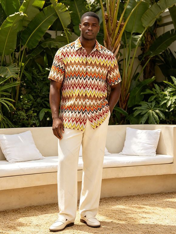 Men's Ethnic Knitted Shirt Colorblock Zig Zag Print Textured Button Up Shirt - multicolor XL