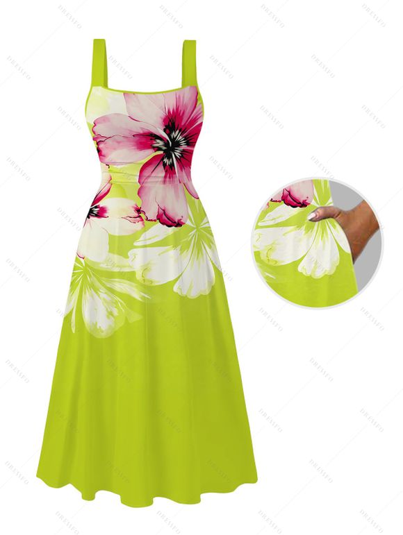 Vacation Couple Outfit Watercolor Flower Print Tied Back Square Neck Pocket A Line Dress and Shirt Set - Vert Jaune S | US 4