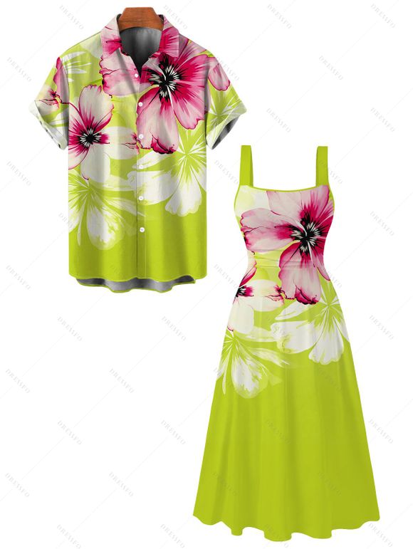 Vacation Couple Outfit Watercolor Flower Print Tied Back Square Neck Pocket A Line Dress and Shirt Set - Vert Jaune S | US 4