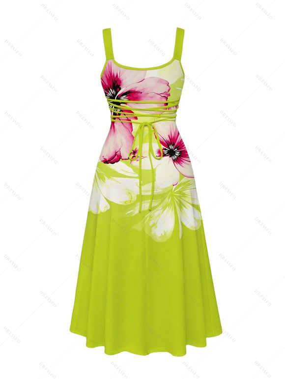 Vacation Dress Watercolor Flower Print Tied Back Square Neck Pocket A Line Dress - Vert Jaune XL | US 12